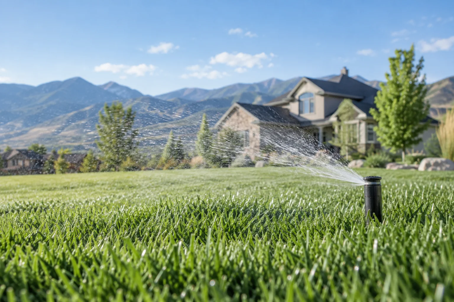 Illustrative sprinkler watering a green lawn with Utah-style foothills beyond